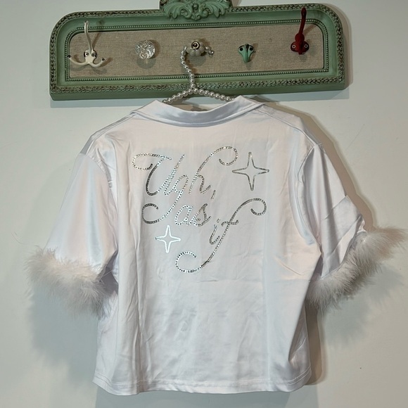 Dolls Kill Tops - clueless ugh As if white cropped button front sleep top with faux fur sleeve M/L